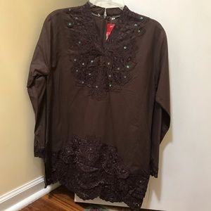 Brown Long Sleeve Lacy Top